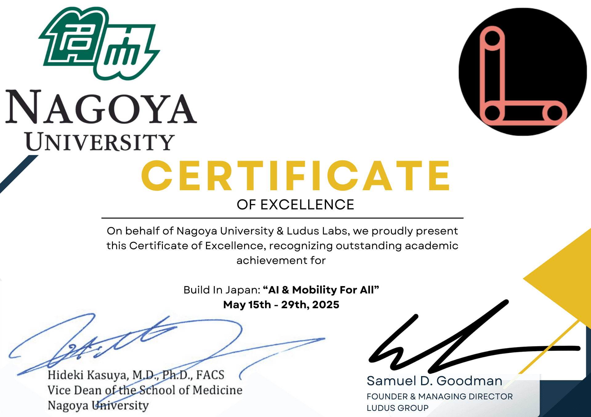 Ludus Labs Certificate of Excellence - NUCU Build in Japan Program